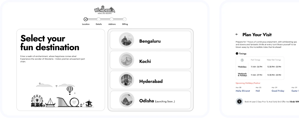 Select destination and date of visit wireframes