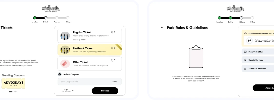 Choose offer and park rules wireframes