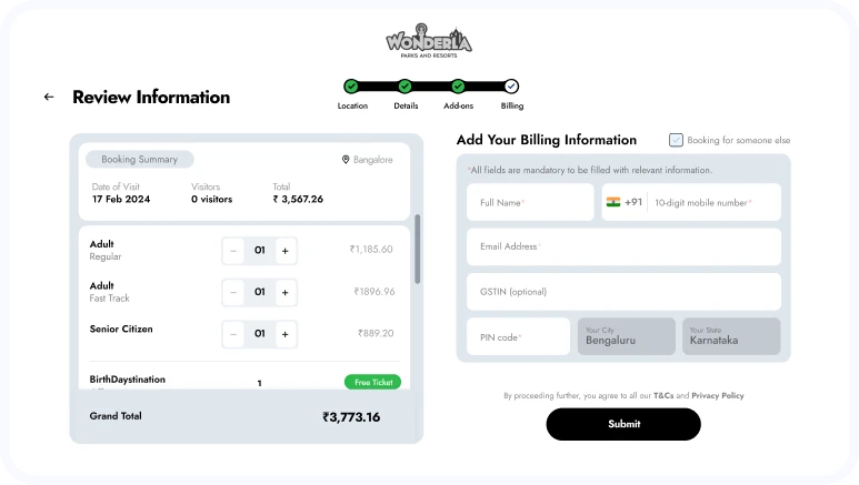 Booking summary wireframe